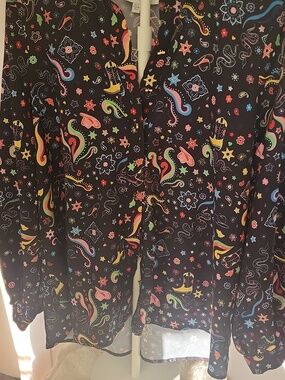 Black Button-Down Shirt with Colorful Star Print